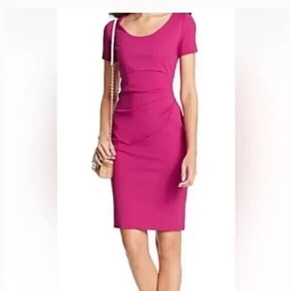DVF Diane Von Furstenberg Bevina Dress Fuchsia Short Sleeve Sheath Ruched 12 L - Picture 1 of 8